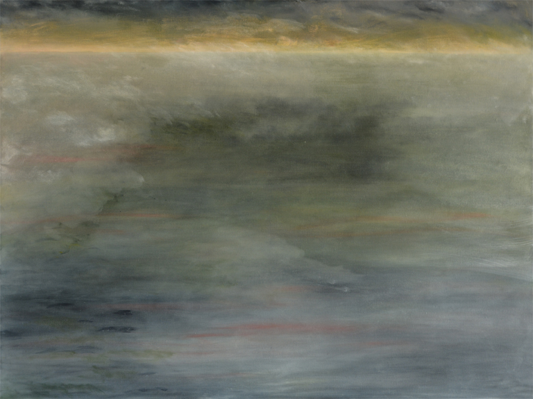 This 2014 oil painting by the artist Smokie Kittner shows a shrouded nebulous environment with a narrow band of light defining the horizon 
