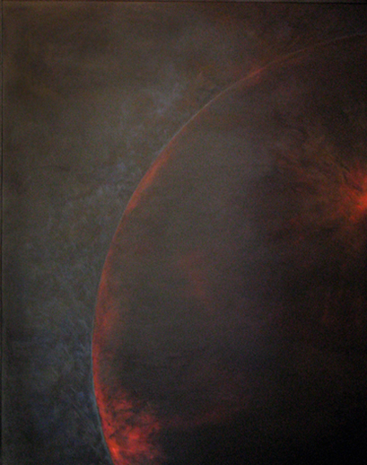 This image is of a large oil by Smokie Kittner.  In it the edge of a dark sphere punctuated by red elements hangs in a void