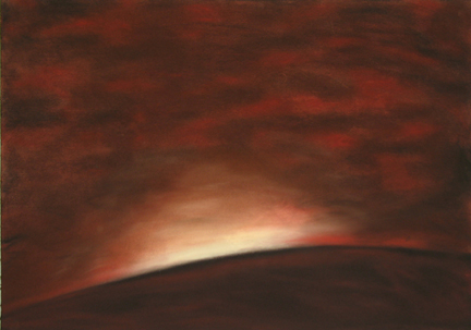 In this chiaroscuro work the artist uses deep reds and black with pale yellow to create a stark landscape