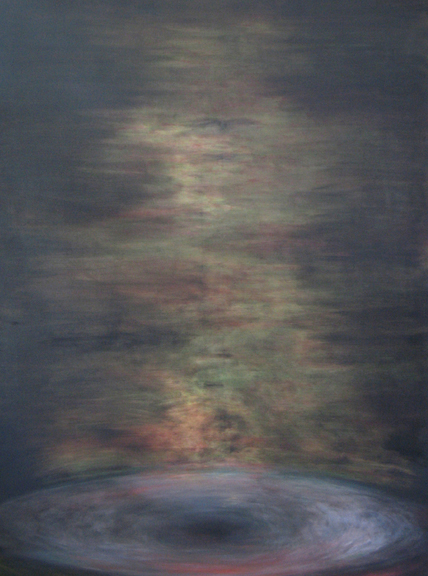 This large painting has a luminous center which framed by a dark exterior leads down to an abstracted spiraling current