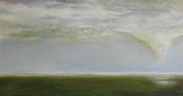 A large oil painting on canvas depicting a flat plain in the summer over which a white cloud takes the form of a tornado