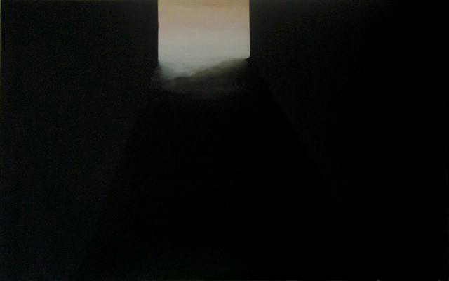 This image is of a large oil painting by artist Smokie Kittner that combines architectonic and landscape elements to create a work that evokes a sense of mystery.   The eye is lead down a dark passage to the center top of the painting where an atmospheric light spills from a source hidden from the viewer.