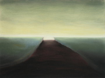 In this beautiful pastel an empty landscape with a long central axis is used as context to creat a haunting work